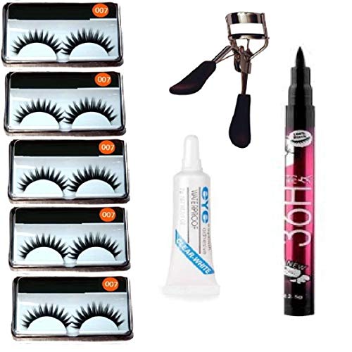 5 PAIR EYELASH, EYELASH GLUE, EYELASH CURLER WITH 36 HRS EYELINER COMBO KIT