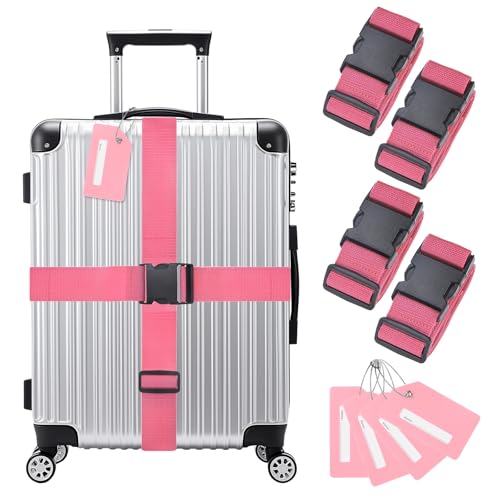 Image of M METERXITY 4-Sets Luggage Straps TSA Approved, Travel Straps for Luggage Suitcase Tags Set, Adjustable Suitcase Belt [Pink]