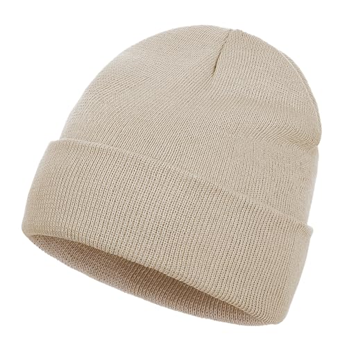 Beanie for Men Women, Slouchy Knitted Beanie Hats Winter Warm Hat Unisex Cuffed Plain Hat for Cold Weather Beige