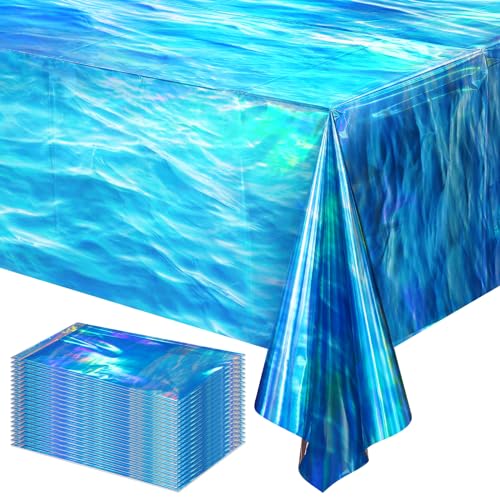 Image of Hallswl 24Pcs 54 x 108 Inch Iridescent Ocean Waves Plastic Tablecloths | Disposable Blue Table Cloth Rectangle Table Covers for Under the Sea Beach Pool Party Birthday Party Decorations