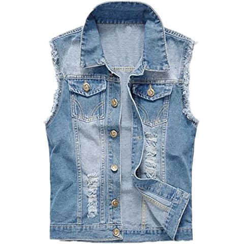 Mens Ripped Denim Gilet Casual Vintage Biker Waistcoat Cowboy Sleeveless Vest Jacket Cover