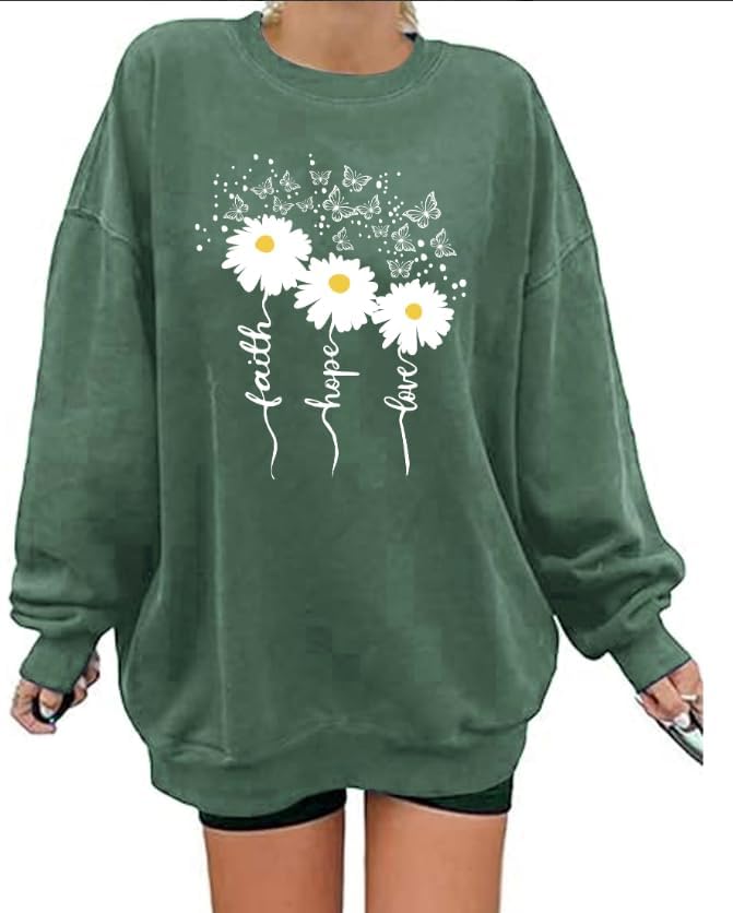 Christian Sweatshirts For Women Oversize Faith-Hope-Love Daisy Graphic Pullover Top Casual Loose Fit Tops