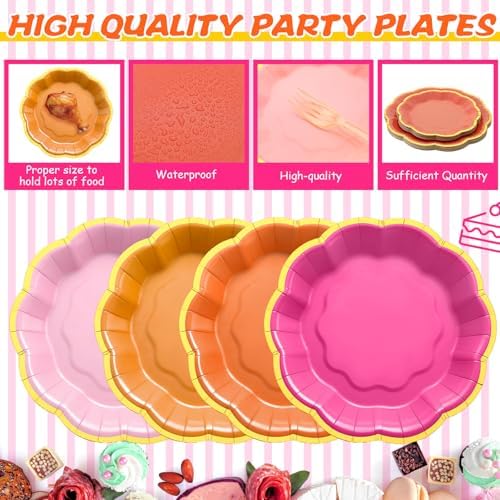 Vesici Party Plates with Napkins 9 Inch 7 Inch Paper Plates and Disposable Napkins with Gold Foil Border for Tea Birthday Bridal Baby Shower Wedding Party Supplies (Rose Pink,144 Pcs)
