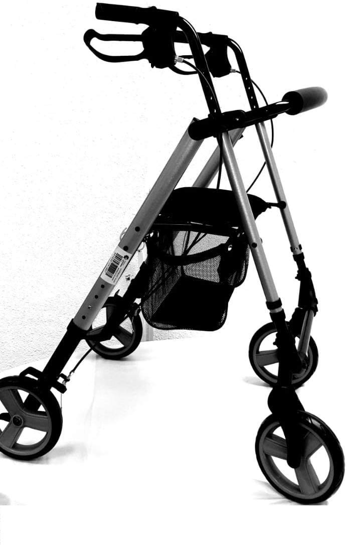 Deambulatore per anziani, disabili, deambulatore per anziani, in alluminio, leggero, cestino, freni sui manici, pieghevole, con sedile e 4 ruote.