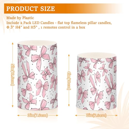 Image of Flickering Flameless Candles, Cute Bows Pink LED Candles with Remote Timer, Set of 2 Battery Operated Candle for Valentine Wedding Birthday