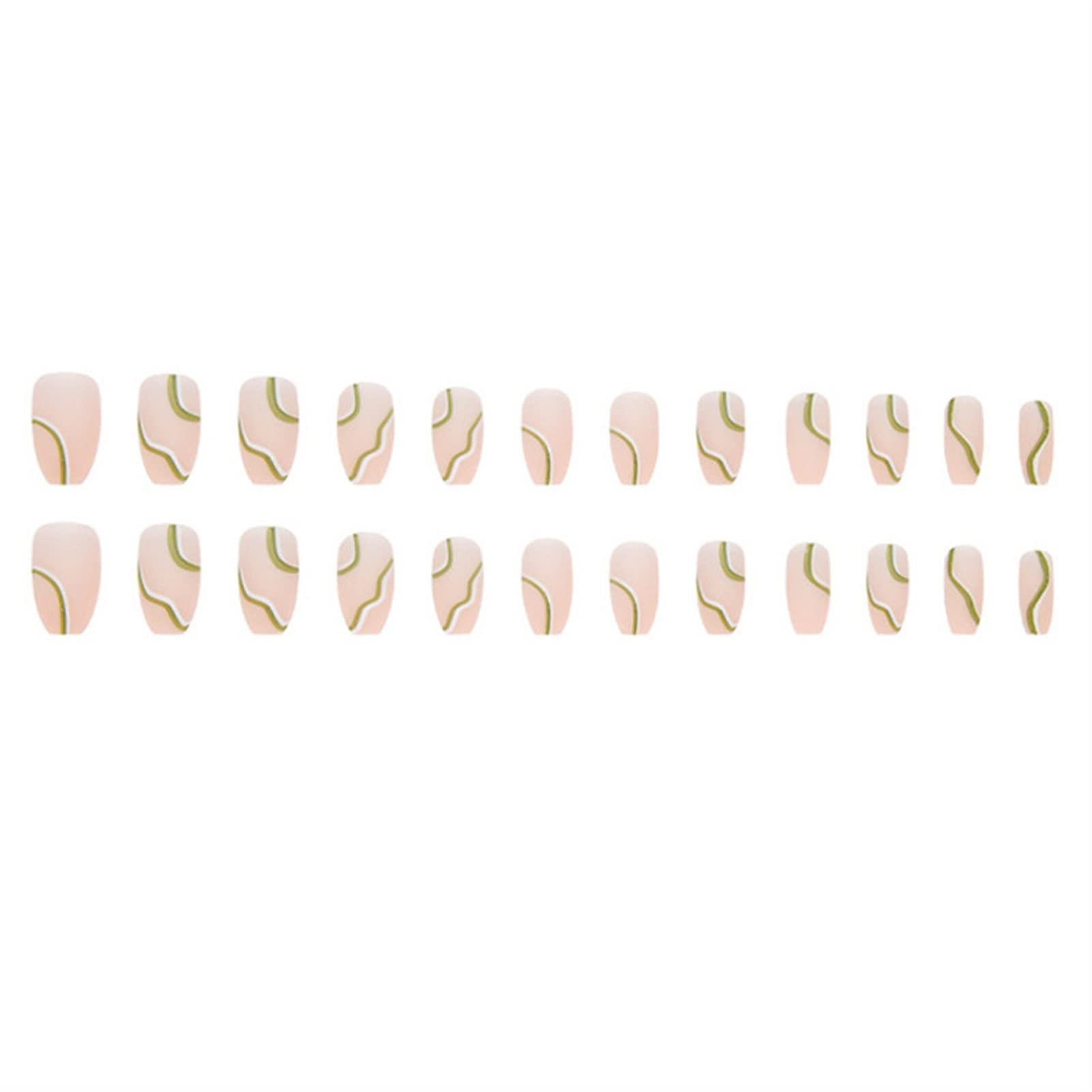 AKAZI Unghie a Pressione 24pc Primavera Nuovo Verde Bianco Linee Ondulate Ballerina Lunga Staccabile Unghie finte con Design Unghie finte indossabili Punta per Unghie a Copertura Totale