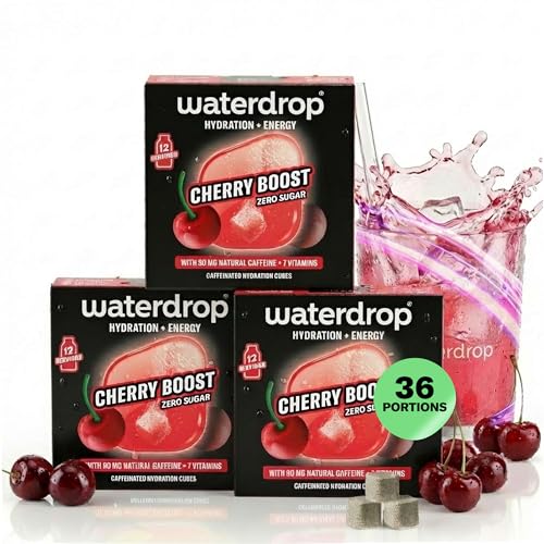 waterdrop® Coffret Microenergy, Boisson Énergisante Sans Sucre, Boisson Gazeuse avec Arôme de Cerise, 36 Cubes Effervescents avec 90 mg de Caféine...