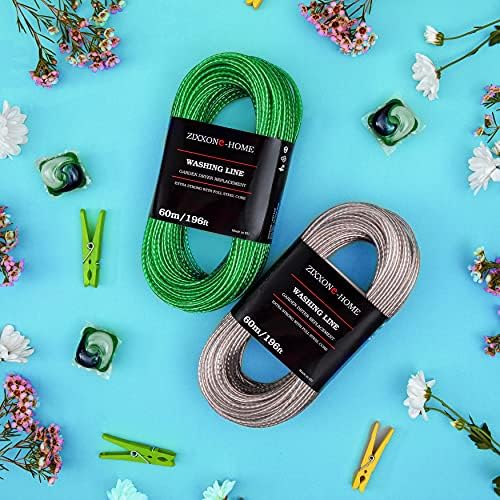 ZIXXONE-HOME Washing Line 60m Heavy Duty Clothes Line with 2 Tensioners Garden Rotary Dryer Replacement Line Full Steel Core Extra Strong Long Rope Plastic Cover Airer Outdoor Cord Light Green Made EU