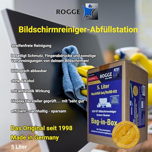 ROGGE Bildschirmreiniger 5 Liter Abfüllsystem. Für alle Sprayflaschen geeignet. Original Reiniger für LED - LCD - TFT - OLED - Plasma - TV Displays Streifenfrei und biologisch abbaubar – Bild 6