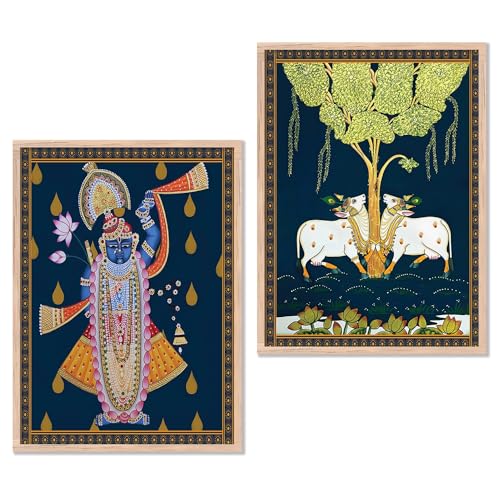 Image of kotart Traditional Indian Wall Art Painting Set of 2 | Kamdhenu Cow Design | MDF Wooden Framed Spiritual Wall Decor for Living Room, Pooja Room & Home (Art 5, 25x37 Inch)