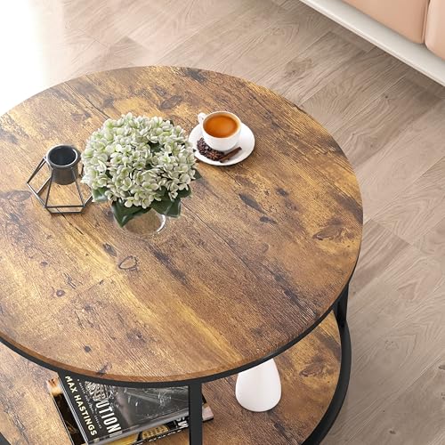Image of NSdirect Round Coffee Table, 25.6 inch Small Coffee Table for Living Room,2-Tier Rustic Wood Desktop with Storage Shelf Modern Design Home Furniture(Brown)