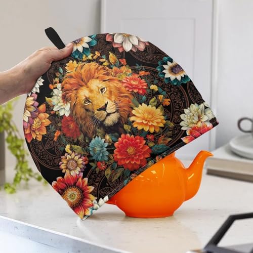 Image of Flower & Lion Print Tea Cozy for Teapot Insulated Large Teapot Warm Tea Kettle Cover Machine Washable Coffee Pot Cloth Covers Kitchen Home Decorations for Party