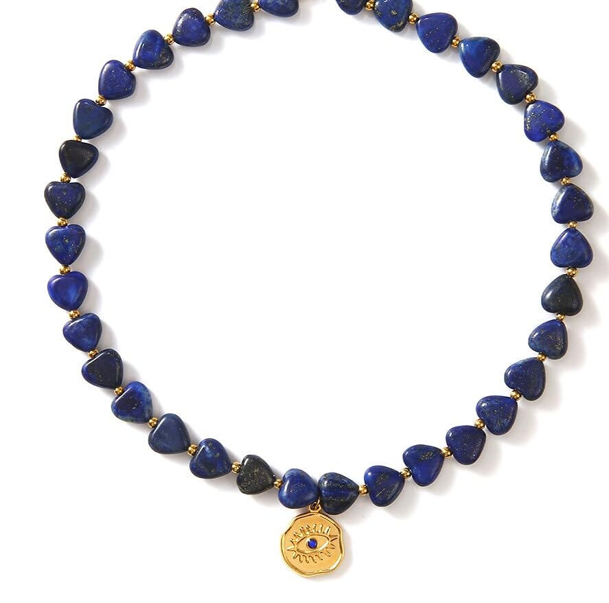 UniLogue Personalized and Exggerated Style Stainless Steel 18K Gold Plated Rope Chain Angel Wings Love Necklace Natural Lapis Lazuli Stone Evil Eye
