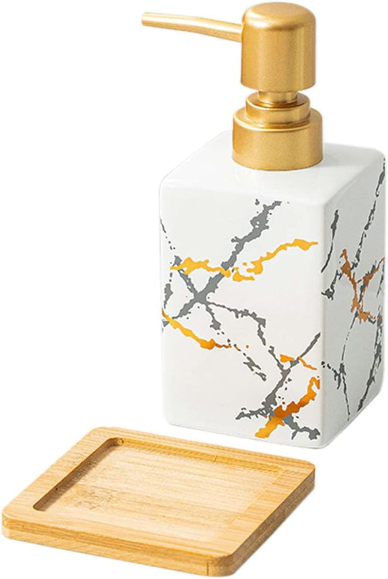 Dispensador de jabón, dispensador loción Redondo cerámica Color sólido, Manos, champú rellenable, baño, Cocina, Blanco, con Base