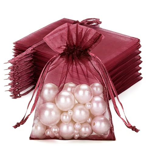 Image of joycraft 50Pcs Burgundy Organza Bags - 2.7x3.5 In Sheer Holiday Mesh Pouch, Small Jewelry Organza Drawstring Pouch for Halloween, Christmas, DIY Craft, Party Favor