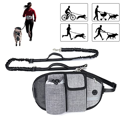 Waist Leash for Dog Walking - Hands Free Dog Leash with Multi Pouches, Wide Back Support Belt Bungee Dog Leash, Dog Waist Belt Leash for Walking, Running, Hiking, Training (Gray)