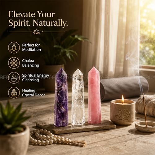Image of REBUY Amethyst, Rose Quartz, Clear Quartz Crystals Pencils Wand Set for Reiki Healing and Grid Making Set Of 3