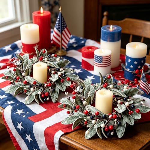 Image of 4 PCS Patriotic 4th of July Candle Rings Wreaths Independence Day Candle Rings Holder with Red White Blue Berries & Lamb's Leaves Mini Memorial Day Labor Day Wreath for Home Table Centerpiece Decor