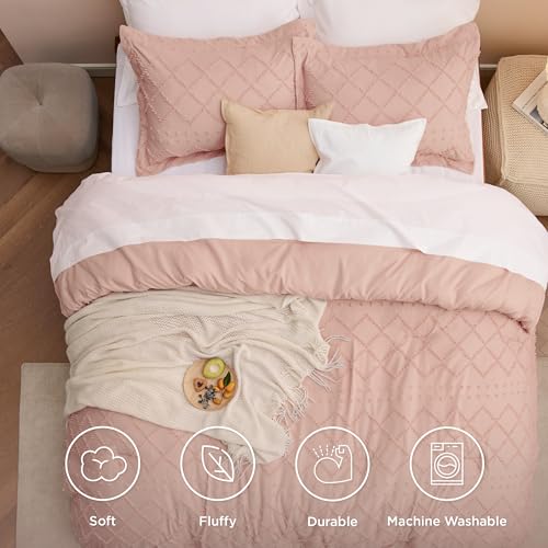 Image of Bedsure Queen Comforter Set - Coral Pink Comforter, Boho Tufted Distressed Vintage Bedding for Kids, 3 Pieces Farmhouse-Style Bed Set for All Seasons, Fluffy Soft Bedding with 2 Pillow Shams
