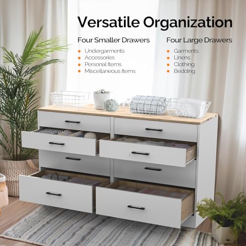 Image of VINGLI 8 Drawer Dresser 56 inch Long, White Dresser for Bedroom Baby Nursery, Wood Dressers with Combination Drawer Sizes, 17.72 inch D x 56 inch W x 32.28 inch H