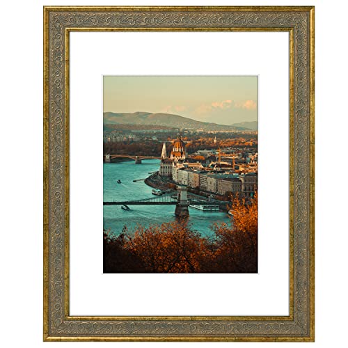 Image of Golden State Art, 11X14 Ornate Finish Photo Frame with White Mat for 8x10 Picture & Real Glass. Color: Distressed Gold