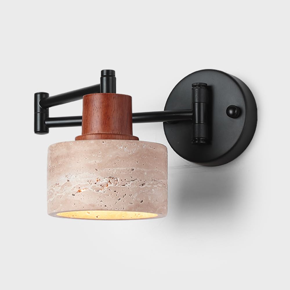TCHAUSGZUS Mid Century Swing Arm Wall Mounted Reading Light - Adjustable Black Rustic Wall Sconce with Natural Stone Shade for Bedroom & Living Room