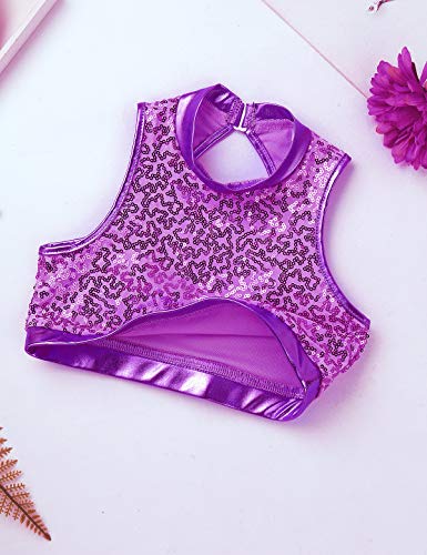Image of easyforever Kids Girls 2PCS Shiny Mermaid Scales Ballet Dance Outfit Crop Top with Short Tankini Swimsuit
