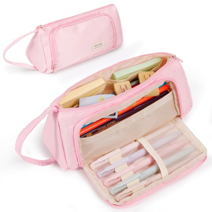 Image of Zzrywuty Large Capacity Pencil Pouch Wide Opening Portable School Pencil Case for Women & Men,Adults Pencil Bag with Zipper for College Office Travel (Pink)