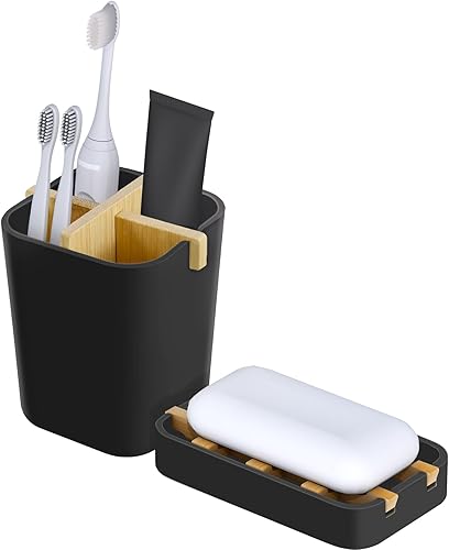 Juego de soportes para cepillos de dientes y jabonera, divisor de bambú con 4 ranuras, bandeja de plástico para jabonera para ducha, juego de
