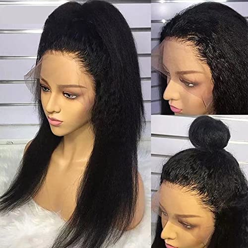Maxine 32 Inch Yaki Straight Lace Front Wigs Human Hair 180% Density Kinky Straight Human Hair Wigs 13X4 Yaki Straight Brazilian Virgin Hair Pre Plucked Glueless Kinky Straight Hd Lace Wig With Baby Hair #TOP1