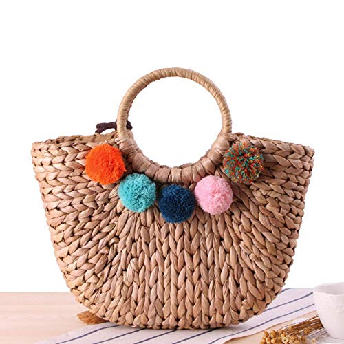 Image of YYW Straw Bags for Women, Large Hand-woven Straw Bag Round Handle Ring Tote Retro Summer Beach Bag