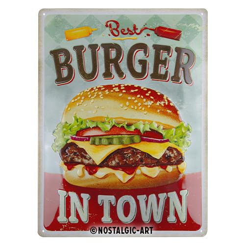Plaque rétro Best Burger in Town en métal de 30 x 40 cm au style vintage pour cuisine
