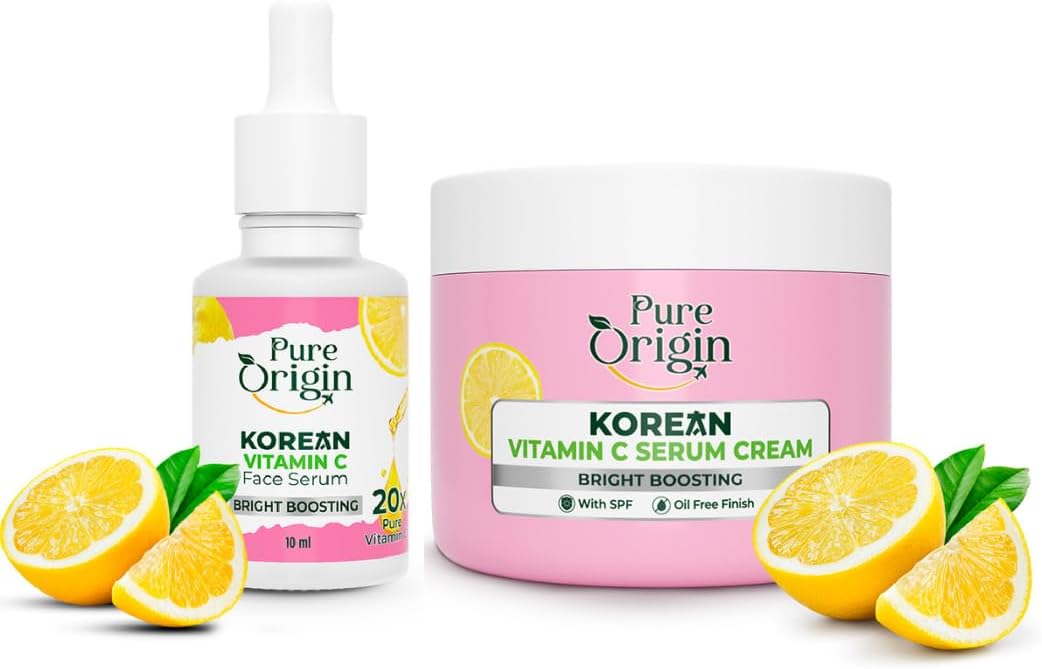 Pure Origin Korean Vitamin C Brightening Face Serum (10ml) & Serum Cream (50g) Combo | Fades Dark Spots, Pigmentation & Corrects Skin Tone | For All Skin Types