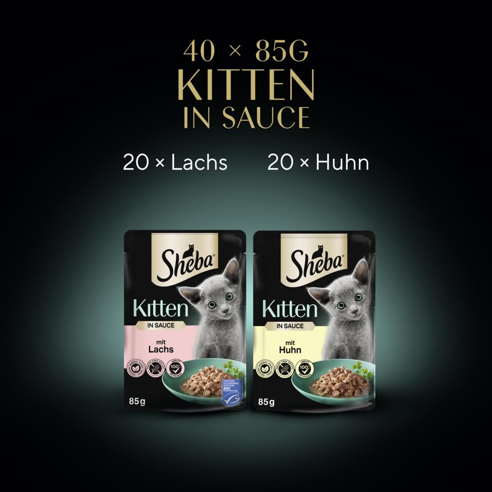 2x40x85g Sheba Katzenfutter Nassfutter Kitten Feine Vielfalt in Sauce Portionsbeutel Lachs Huhn Alleinfuttermittel für heranwachsende Katzen - Tiernahrung