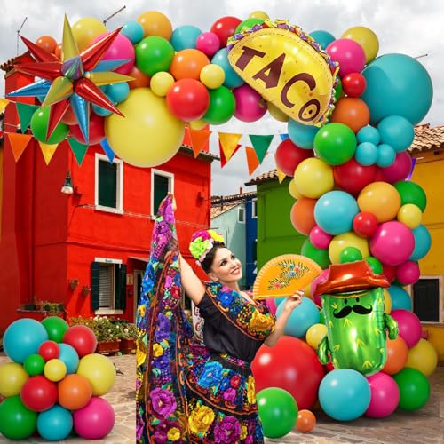 Image of Cinco de Mayo Fiesta Balloons Arch Kit, Rainbow Colors Balloon Garland for Mexican Party Decorations Birthday Taco Twosday Carnival Backdrop with Cactus Llama Sombrero Taco Foil Balloons