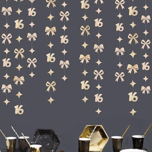 Image of Champagne Gold 16th Bow Birthday Decorations Champagne Conquette Bow Garland Streamer Banner Backdrop for Girls Boys Happy 16th Birthday Sweet Sixteen Cheers to 16 Years Old Anniversary Party Supplies