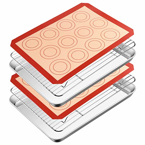 16 Inch Baking Sheet With Rack & Mat Set(2 Jelly Roll Pans + 2 Racks + 2 Mats), Herogo Stainless Steel Cookie Tray With Cooling Rack & Silicone Mat For Toaster Oven, Heavy Duty & Dishwasher Safe #TOP23