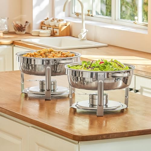 Wilprep 2er Set Rund Chafing Dish Set 5L Speisenwärmer Edelstahl Buffet Wärmebehälter Suppenwärmer Bain Marie Speisen Warmhaltebehälter für Restaurants, Buffets, Schulen – Bild 3