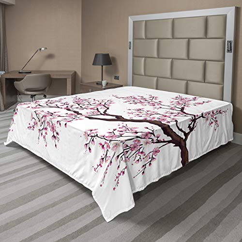 Ambesonne Japanese Flat Sheet, Branch of a Flourishing Sakura Tree Flowers Cherry Blossoms Spring Theme Art, Soft Comfortable Top Sheet Decorative Bedding 1 Piece, King Size, Pink Dark Brown
