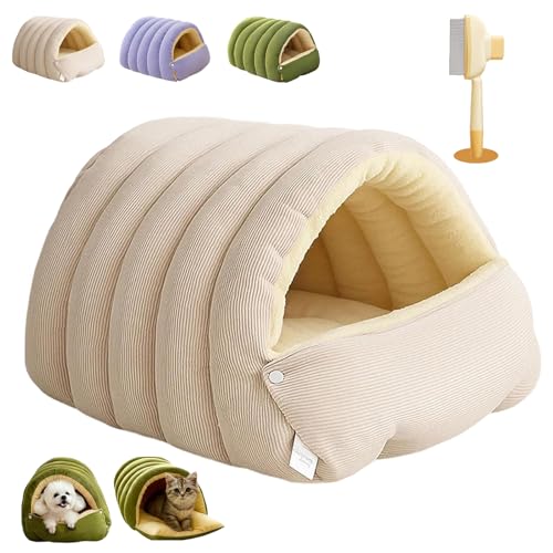 Ruileyou Abnehmbares und Waschbares, Geschlossenes Winter-Katzenbett, Mit abnehmbarem Kissen, geeignet für kleine Katzen und Hunde (Hellbeige, M（45 x 30 x 19 cm）)