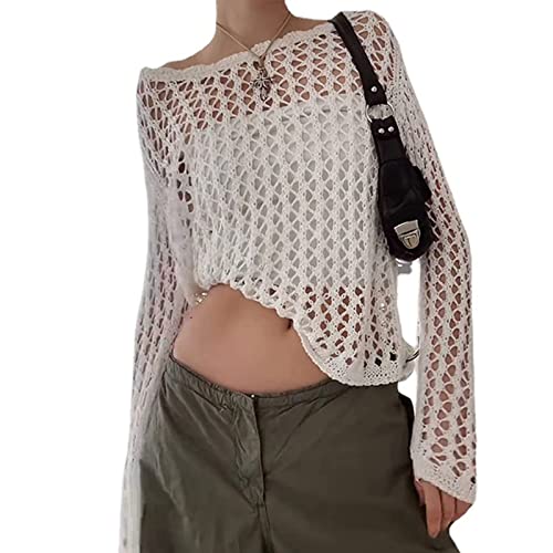 Women Knit Crochet Hollow Out Fishnet Top Long Sleeve See Through Mesh Shirt Sexy Club Streetwear