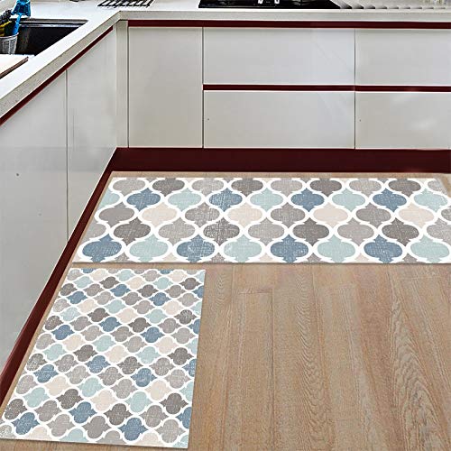Farmhouse Kitchen Rugs and Mats 2 PCS Set, Moroccan Boho Blue Grey Geometric Plaid Kitchen Rugs and Mats Non Skid Absorbent Kitchen Organization Washable Home Decor for Kitchen, Bathroom - Image 2