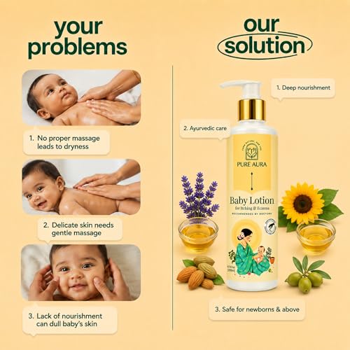Image of Pure Aura Baby Lotion for Itching & Eczema Relief 200ml - Doctor Recommended Ayurvedic Baby Moisturizer for Newborns & Kids | Chemical-Free Daily Hydration Care
