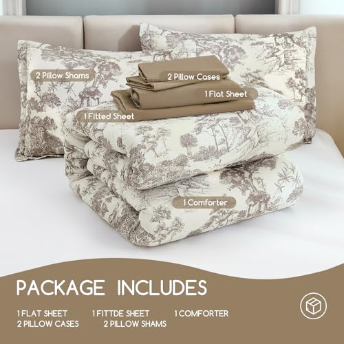 Image of DJY King Size 7 Piece Bed in a Bag-Floral Botanical Light Brown Comforter Set,King Comforter Set with Sheets,Farmhouse Comforter