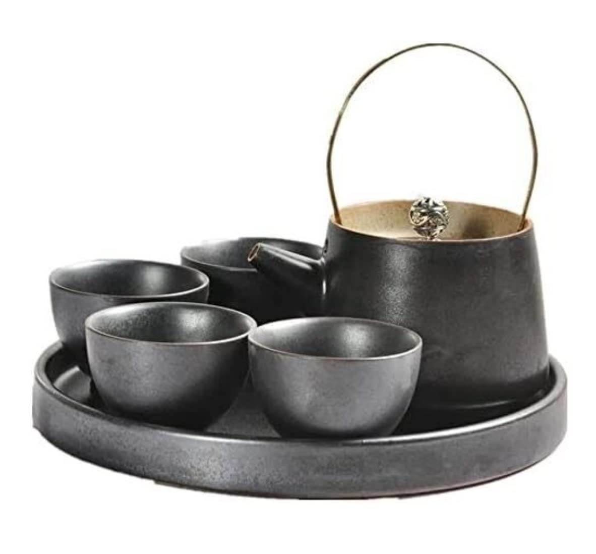 Zestaw Do Herbaty Ceramiczny Zestaw Do Herbaty W Stylu Japońskim Czajnik Z Uchwytem Na Tacę I Filiżanek Serwis Dla 4 Osób Dorosłych Domu Akcesoria Kuchenne(Black)