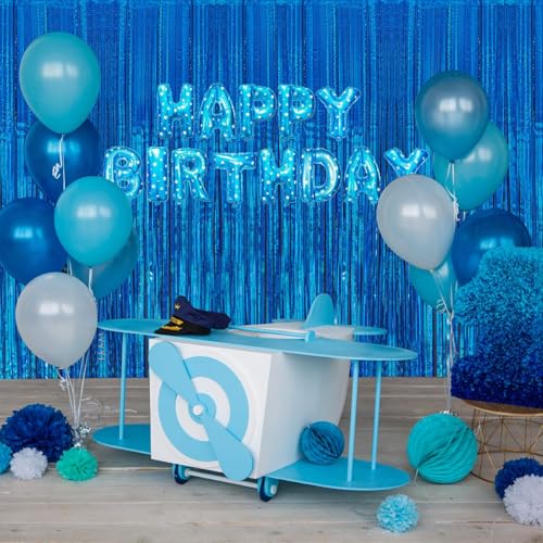 Image of 2 Pack 3.3 x 8.2 ft Tinsel Foil Fringe Curtain Backdrop, Upgraded Blue Glitter Metallic Streamers Backdrop Curtains for Birthday Parties, Baby Shower, Under the sea, Ocean Mermaid Party Decorations