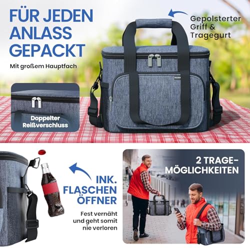 HELDENWERK® Kühltasche klein faltbar – 12h Kühlleistung – Thermotasche auslaufsicher & wasserdicht – Kühlbox, Picknicktasche, Lunchtasche, Isoliertasche mit 5 Fächern & verstärktem Boden 4