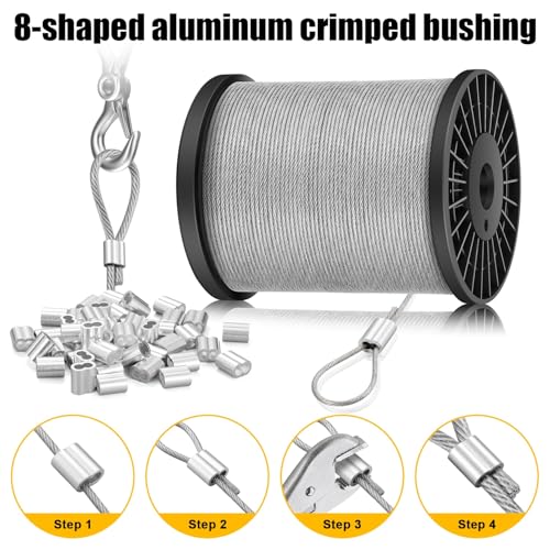 NZNSML Wire Rope Stainless Steel 3 mm, 50 M Wire Cable Heavy Duty 7x7 Strand Core Garden Hanging Cable with Aluminum Crimping Clamps Loop Sleeve for Hanging Pictures Plants Clothes Line Garden - Image 4