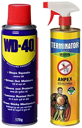 Image of Pidilite WD-40, Multipurpose Spray, Lubricant, and Cleaning Agent, 170g & Terminator Eco-Friendly Wood Preservative and Termite, Borer, Insect Repellant Spray (1 Ltr)