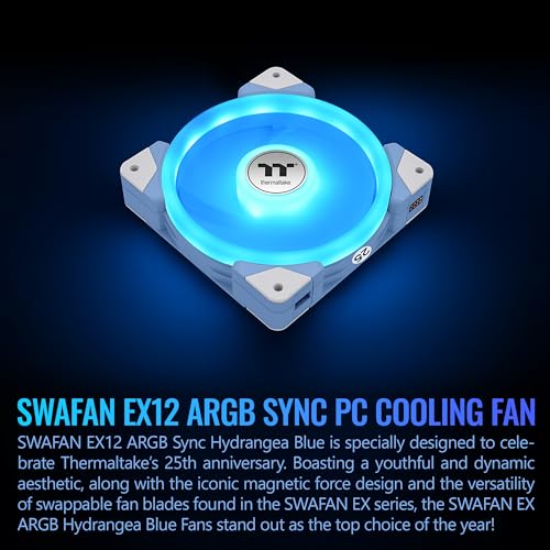 Image of Thermaltake SWAFAN EX 12 ARGB Cooling Fan, Hydrangea Blue, 3-Fan pcak, 500~2000 RPM, Magnetic Connection, Reversable Blades, sync with MB RGB Software, CL-F183-PL12BU-A